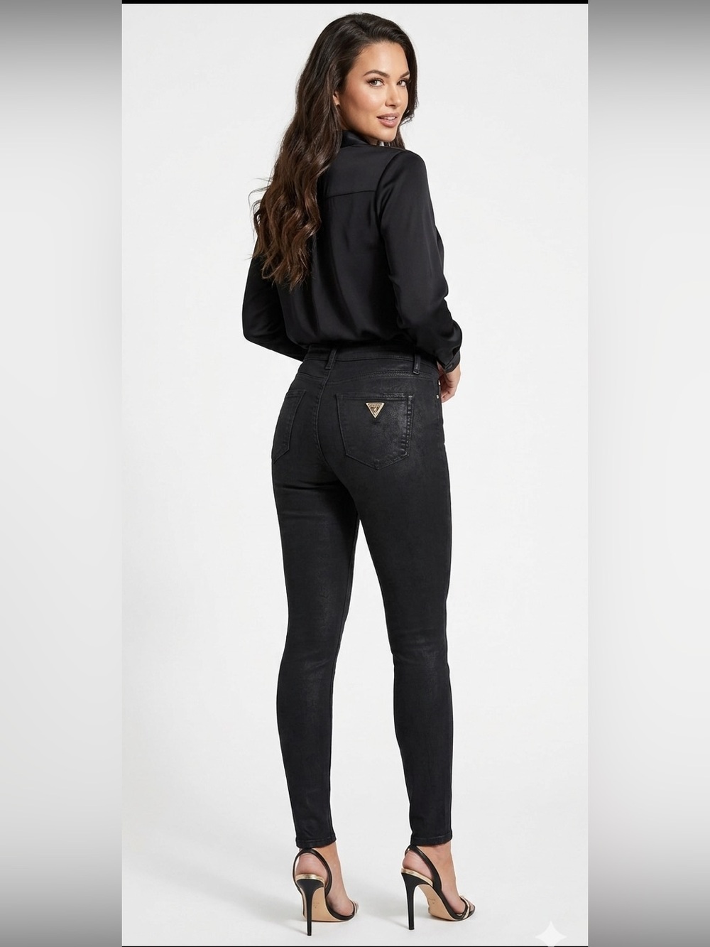 Guess Emma Fit Black Medium Rise Skinny Jean Gold Accents 25 Distressed Coating